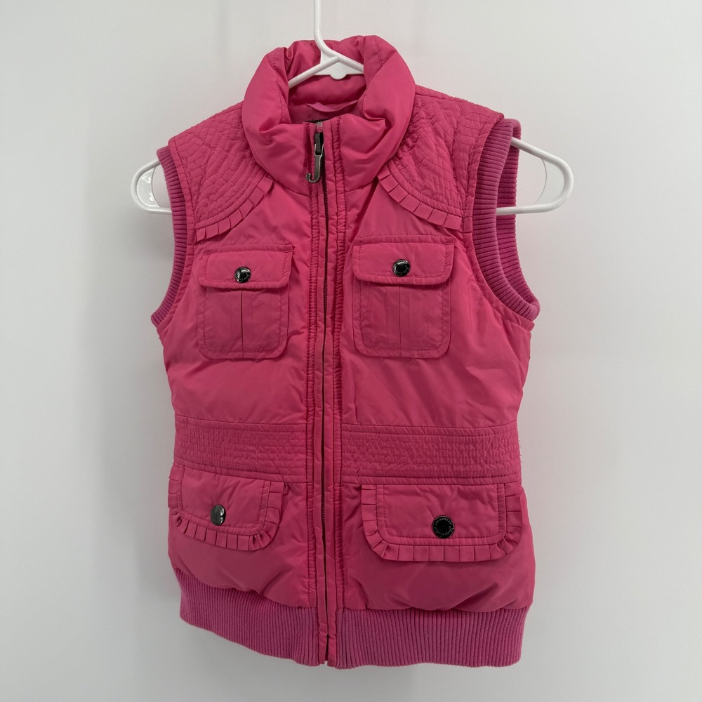 Juicy Couture Girls Pink Down Puffer Vest Ruffle Logo Graphic Size 7